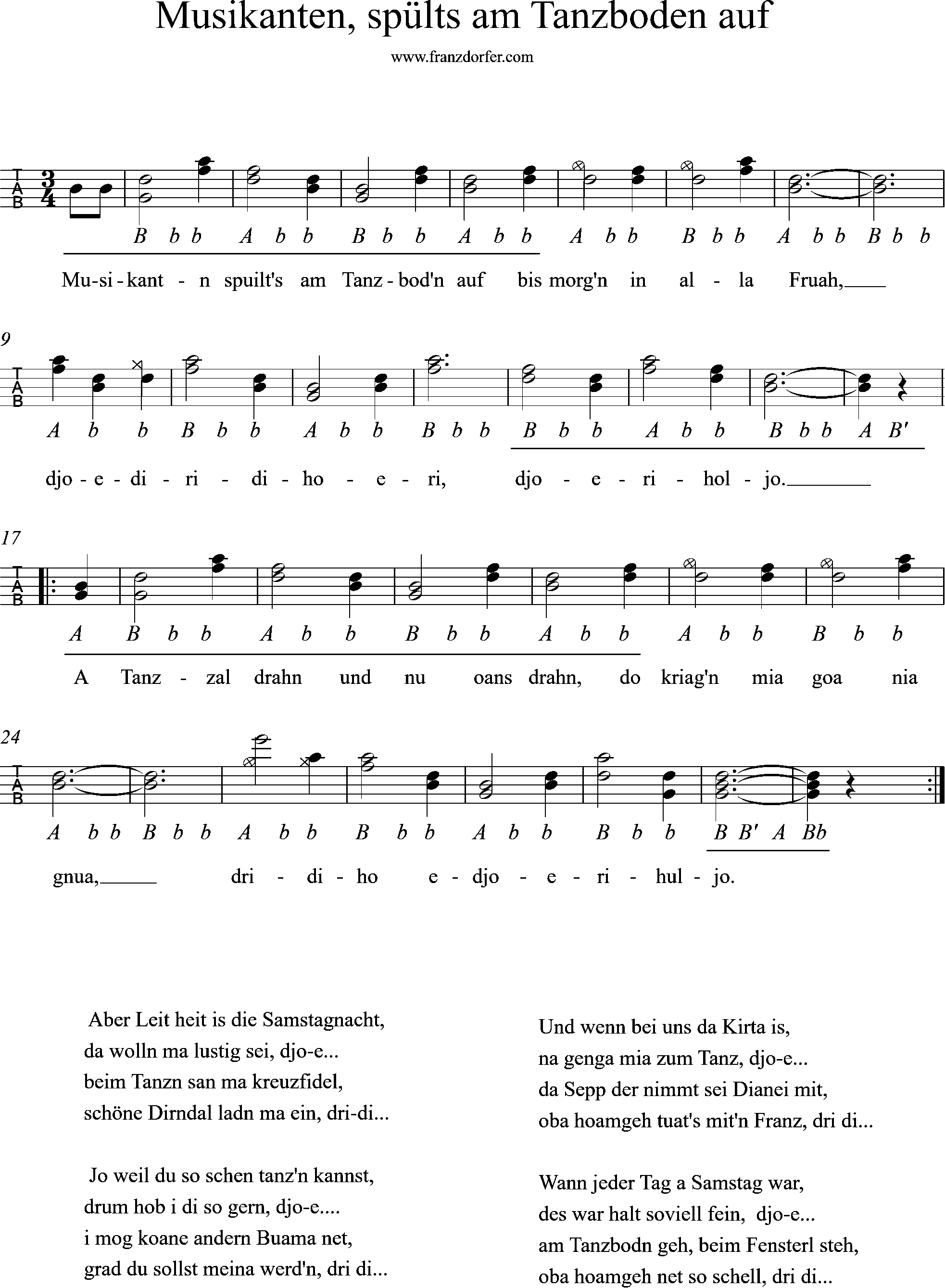 Griffschrift, Musikanten spülts am Tanzboden auf Steirische lernen, Musikanten spülts am tanzboden auf